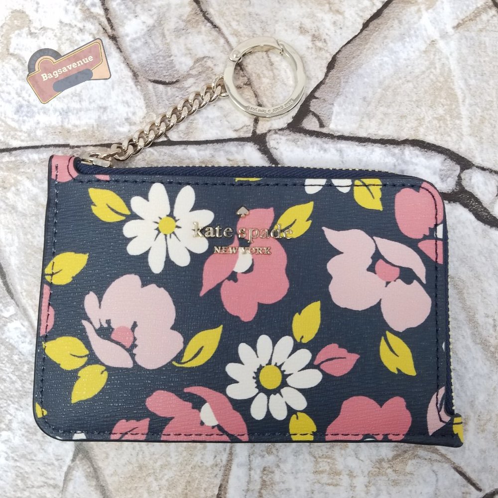 #bagsavenue fast ship  Road Trip Floral Medium L-Zip Card Holder Blue Kate Spade